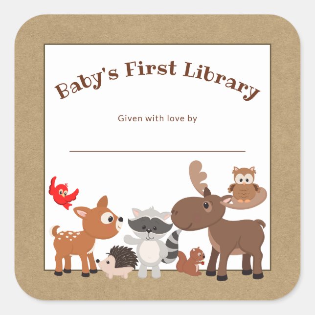 Rustic woodland animal bookplate, book plate square sticker (Front)