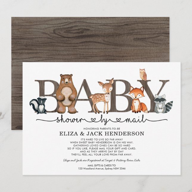 Rustic Woodland Animals Baby Shower By Mail Invitation (Front/Back)