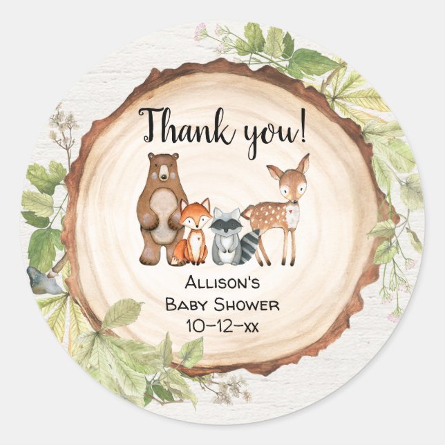 Rustic woodland animals baby shower classic round sticker (Front)