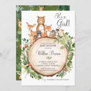Rustic Woodland Animals Baby Shower Girl Invitation