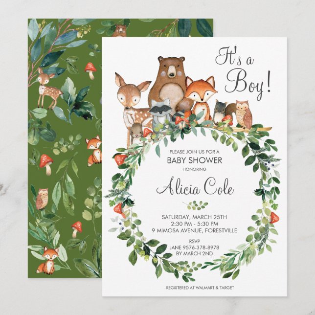 Rustic Woodland Animals Baby Shower Neutral Boy Invitation (Front/Back)