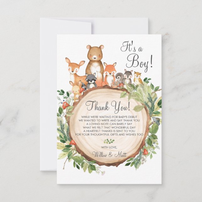 Rustic Woodland Animals Baby Shower Sprinkle Boy Thank You Card (Front)