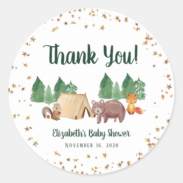 Rustic Woodland Animals Baby Shower Thank You Classic Round Sticker (Front)