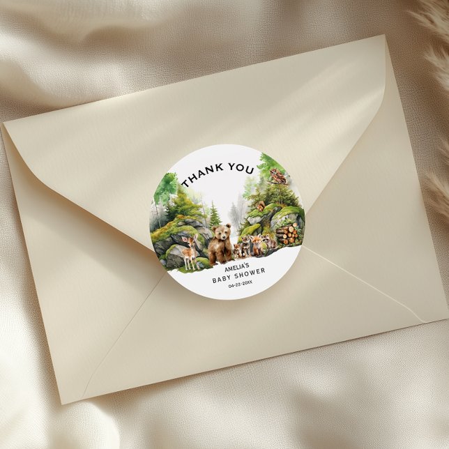  Rustic Woodland Animals Baby Shower Thank You Classic Round Sticker (Creator Uploaded)