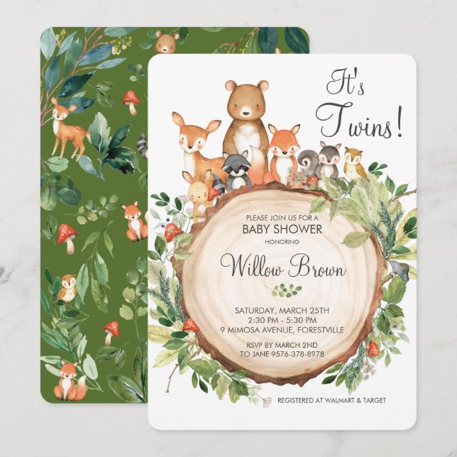 Rustic Woodland Animals Baby Shower Twins Boy Girl Invitation (Front/Back)