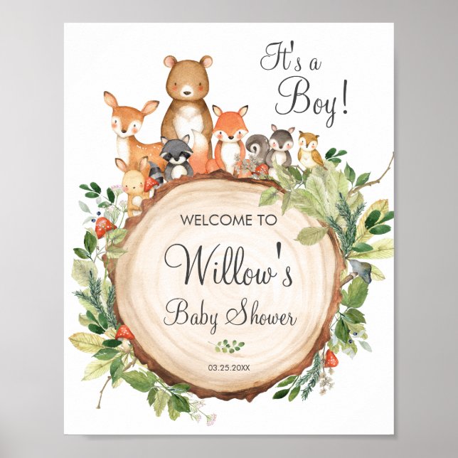 Rustic Woodland Animals Baby Shower Welcome Sign (Front)