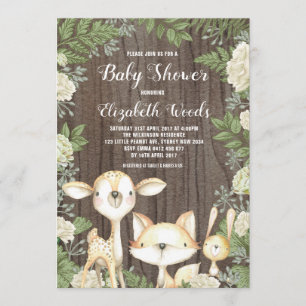 Rustic Woodland Animals Botanical Baby Shower Invitation