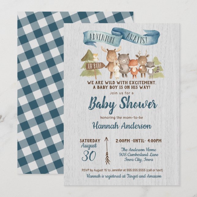 Rustic Woodland Animals Boy Baby Shower Invitation (Front/Back)