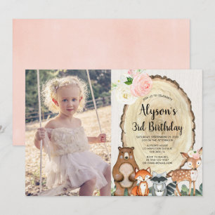 Rustic woodland animals floral girl birthday photo invitation