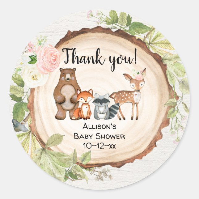 Rustic woodland animals girl baby shower classic round sticker (Front)