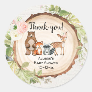 Rustic woodland animals girl baby shower classic round sticker