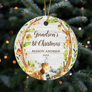 Rustic Woodland Animals Grandson's First Christmas Ceramic Tree Decoration