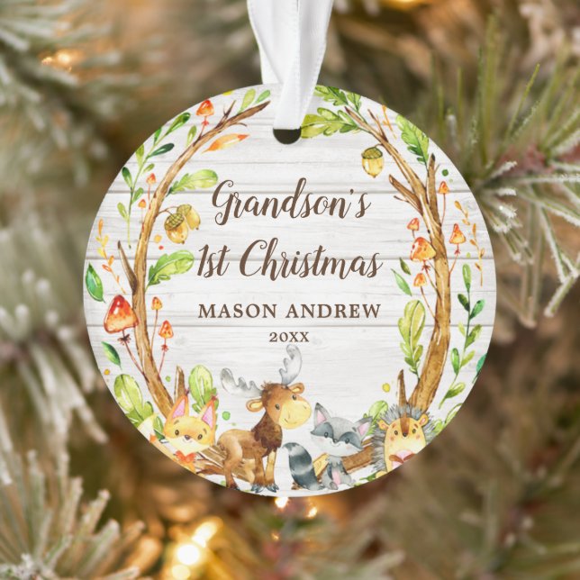 Rustic Woodland Animals Grandson's First Christmas Ornament (Tree)