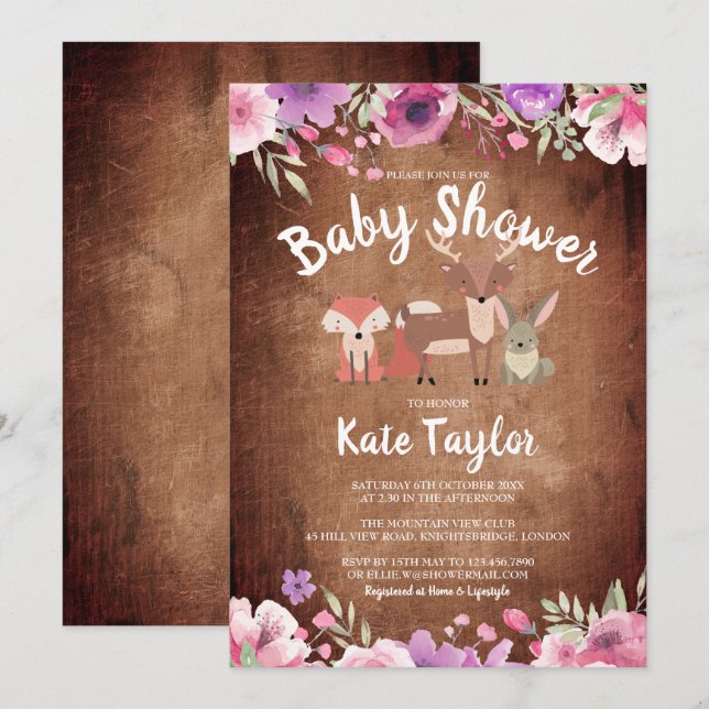 Rustic Woodland Animals Pink Floral Baby Shower Invitation (Front/Back)
