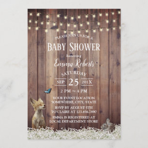 Rustic Woodland Animals String Light Baby Shower Invitation