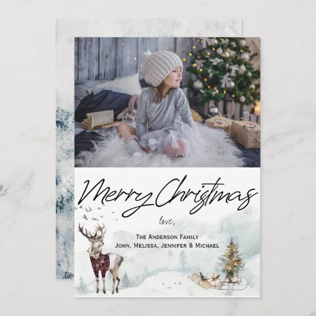 Rustic Woodland Animals Watercolor Christmas Photo Invitation (Front/Back)