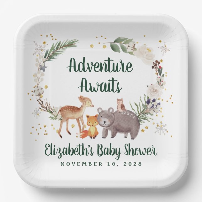 Rustic Woodland Animals Winter Baby Shower Paper Plate (Front)