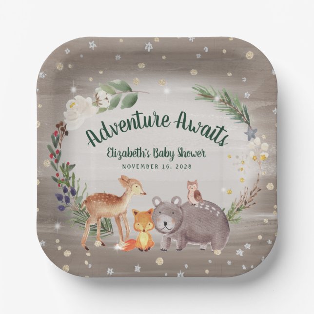 Rustic Woodland Animals Winter Baby Shower Paper Plate (Front)