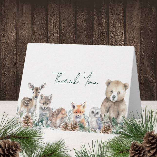 Rustic Woodland Animals Winter Baby Shower Thank You Card (This cute woodland animals baby shower thank you card features winter greenery.)