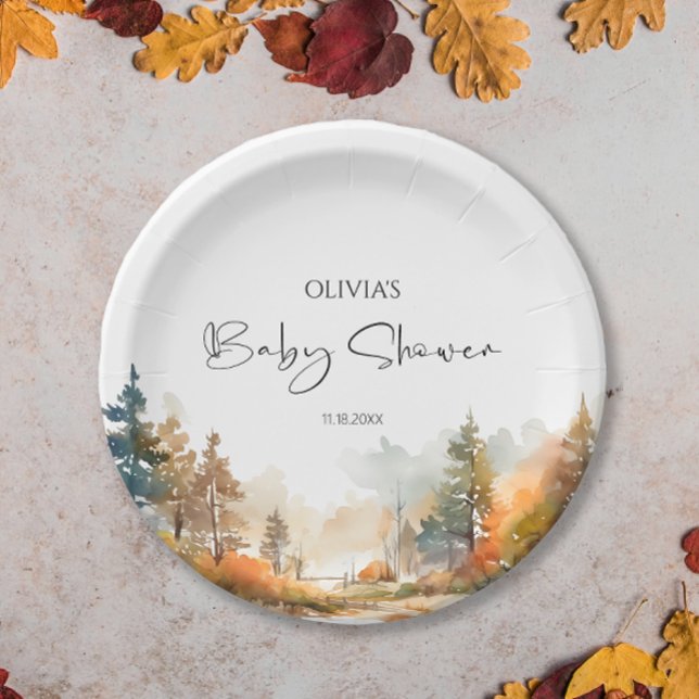 Rustic Woodland Autumn Forest Baby Shower Paper Plate (Creator Uploaded)
