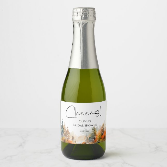 Rustic Woodland Autumn Forest Bridal shower Sparkling Wine Label (Front)