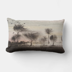 rustic woodland autumn Landscape sunset Lumbar Cushion