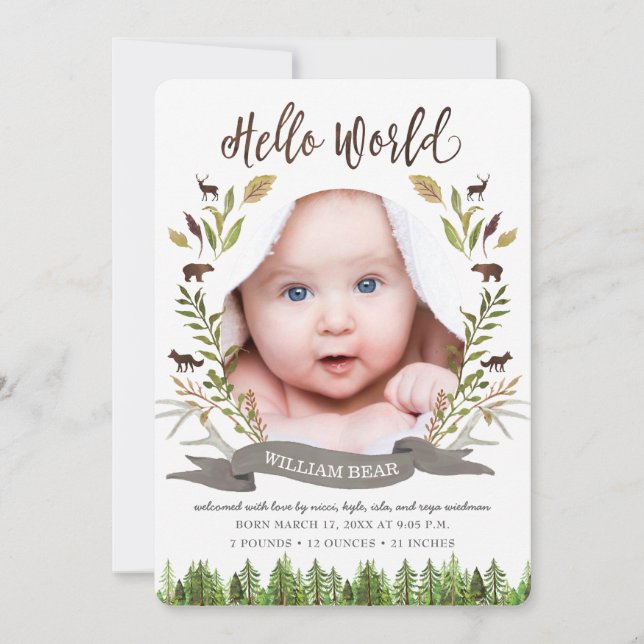 Rustic Woodland Baby Boy Birth Announcement Cards (Front)