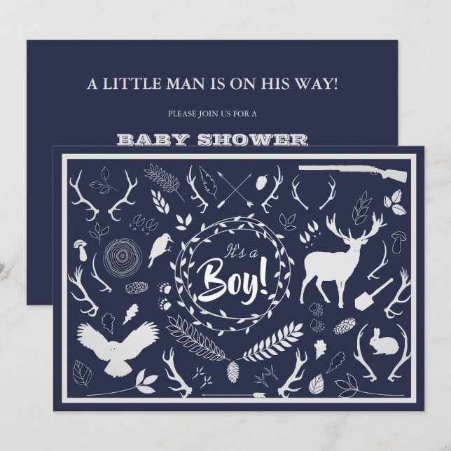 Rustic Woodland Baby Boy Shower (Navy Blue) Invitation (Front/Back)