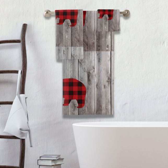 rustic woodland barn wood red buffalo plaid bear bath towel set (rustic woodland barn wood red buffalo plaid bear bath towel set)