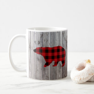 rustic woodland barn wood red buffalo plaid bear coffee mug