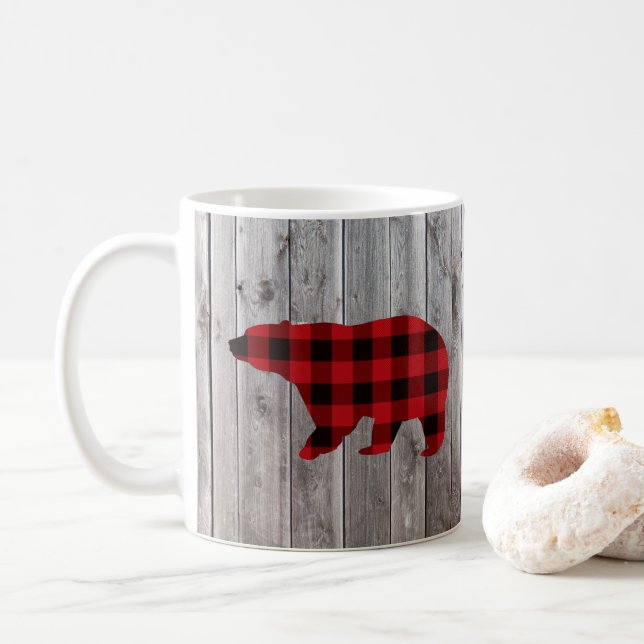 rustic woodland barn wood red buffalo plaid bear coffee mug (With Donut)