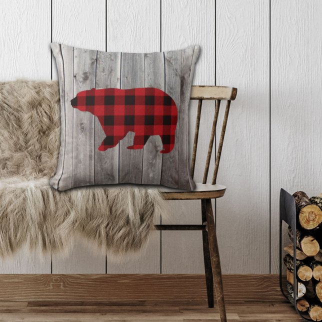 rustic woodland barn wood red buffalo plaid bear cushion (rustic woodland barn wood red buffalo plaid bear throw pillow)