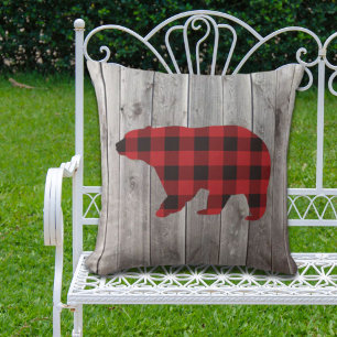 rustic woodland barn wood red buffalo plaid bear cushion