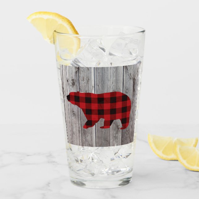 rustic woodland barn wood red buffalo plaid bear glass (Front Ice)