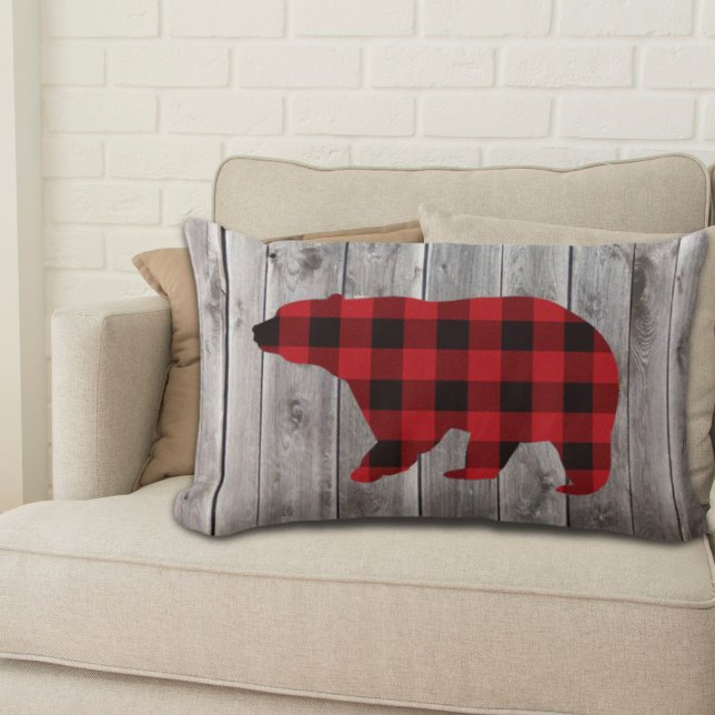 rustic woodland barn wood red buffalo plaid bear lumbar cushion (rustic woodland barn wood red buffalo plaid bear lumbar pillow)