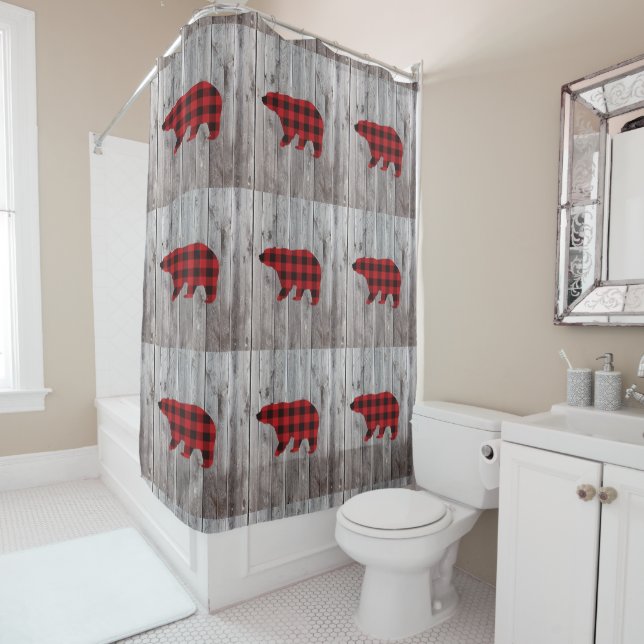 rustic woodland barn wood red buffalo plaid bear shower curtain (In Situ)