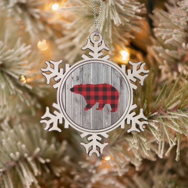 rustic woodland barn wood red buffalo plaid bear snowflake pewter christmas ornament (Tree)
