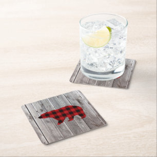 rustic woodland barn wood red buffalo plaid bear square paper coaster