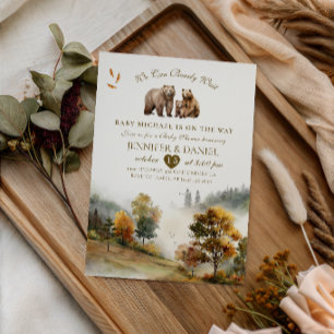 Rustic Woodland Bear Family Autumn Landscape Baby Invitation