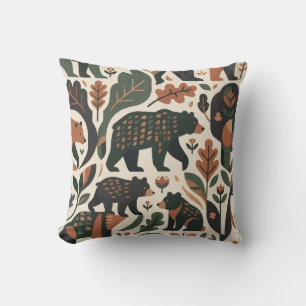 Rustic Woodland Bear Folk Art Pattern Throw Pillow