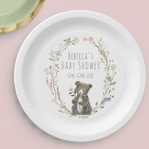 Rustic Woodland Bear Watercolor Baby Shower Paper Plate