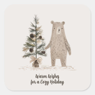 Rustic Woodland Bear with Christmas Tree Square Sticker