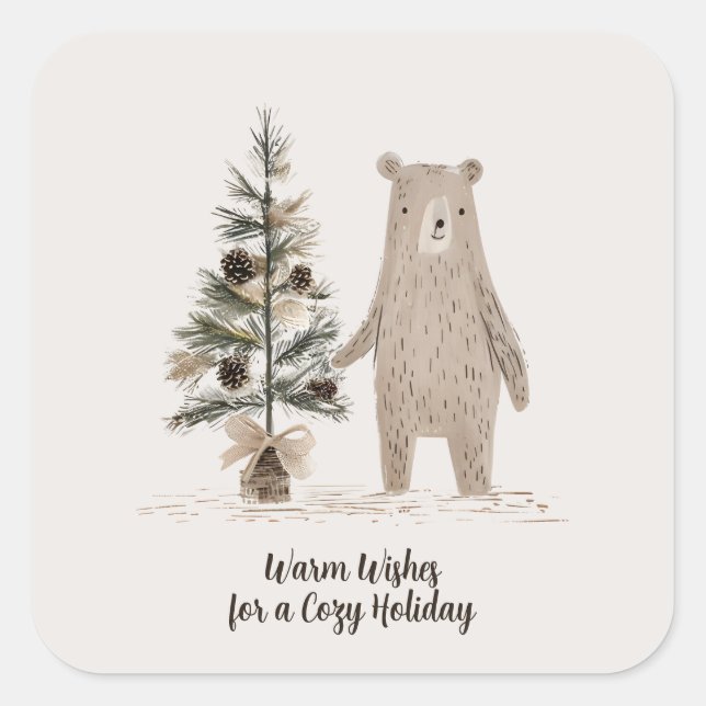 Rustic Woodland Bear with Christmas Tree Square Sticker (Front)
