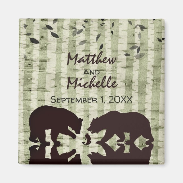 Rustic Woodland Bears Fishing, Birch Trees Wedding Magnet (Front)