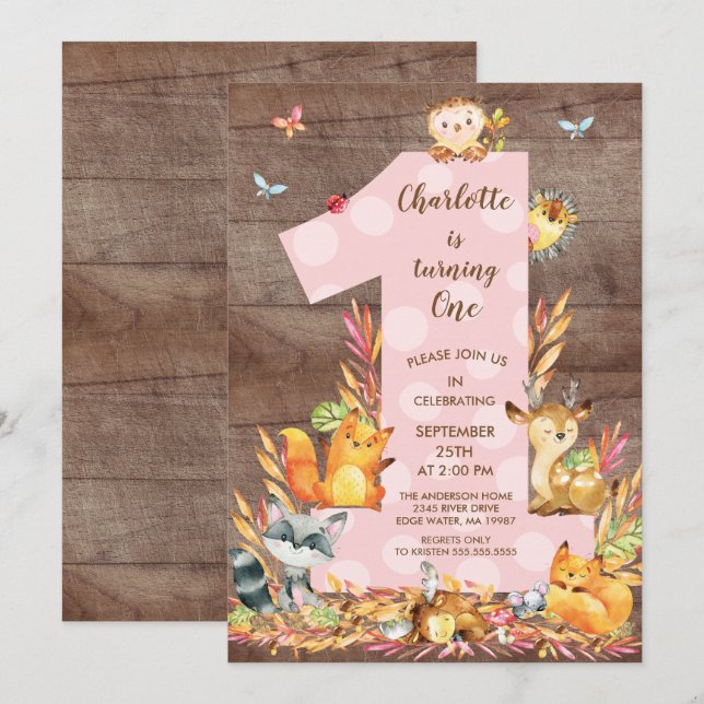 Rustic Woodland Big One Girls Birthday Invitation (Front/Back)