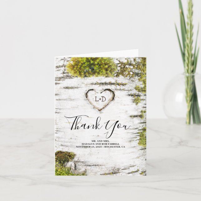 Rustic Woodland Birch Heart Wedding Thank You (Front)