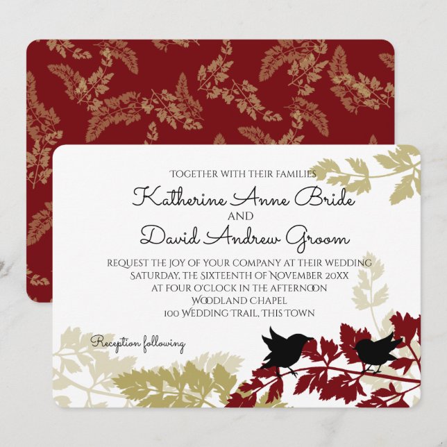 Rustic Woodland Birds Burgundy and Gold Wedding Invitation (Front/Back)