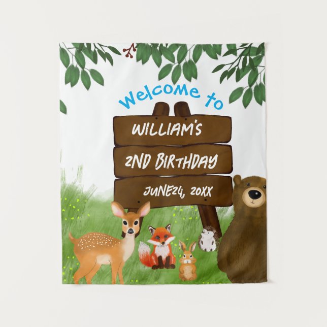 Rustic Woodland Birthday Party Forest Animals Tapestry (Front)