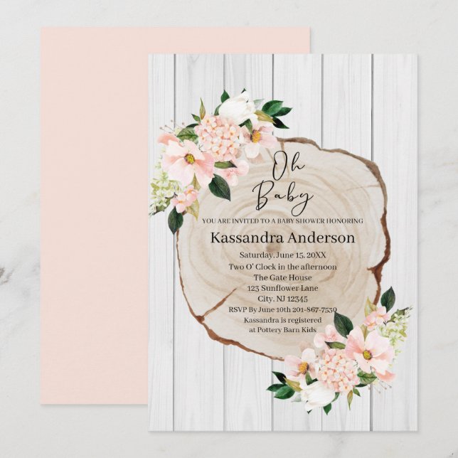 Rustic Woodland Blush Floral Baby Shower Invitation (Front/Back)