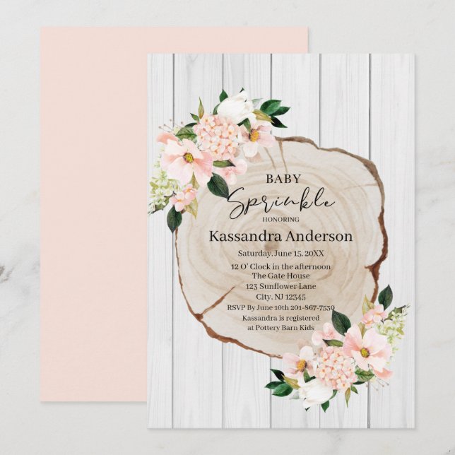 Rustic Woodland Blush Floral Baby Sprinkle Invitation (Front/Back)